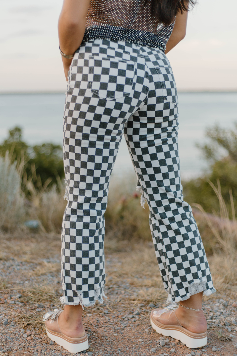 Round The Track Checkered Distressed Jeans