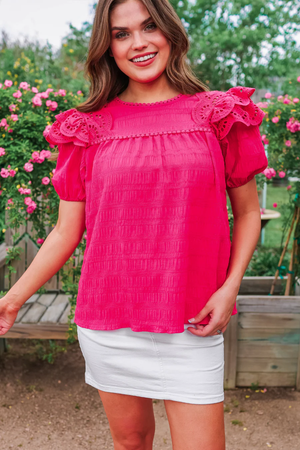 Kimber Eyelet Ruffle Jess Lea Top in Hot Pink