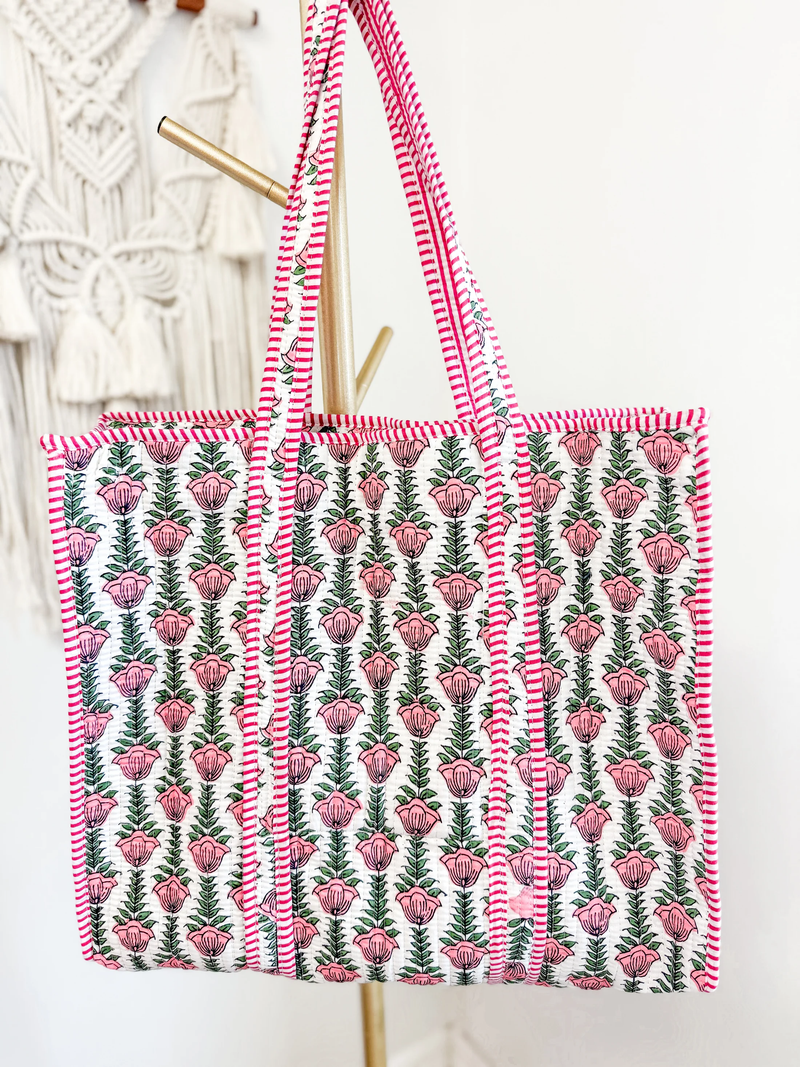 Color Block Floral Quilt Tote Bag