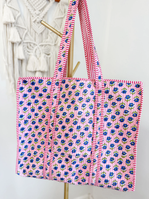 Color Block Floral Quilt Tote Bag
