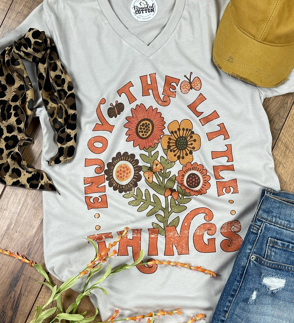 Enjoy The Little Things V Neck Ash Bella Canvas Tee