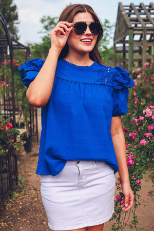 Kimber Eyelet Ruffle Jess Lea Top in Royal Blue