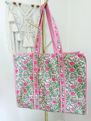 Color Block Floral Quilt Tote Bag