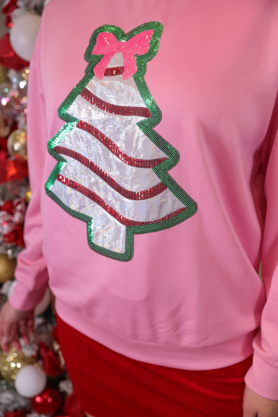 Jess Lea Foil Bow Christmas Treat Luxe Pink Pullover