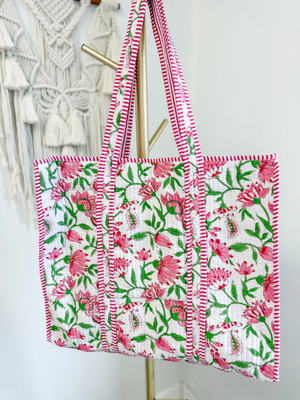 Color Block Floral Quilt Tote Bag
