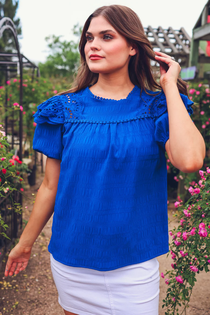 Kimber Eyelet Ruffle Jess Lea Top in Royal Blue