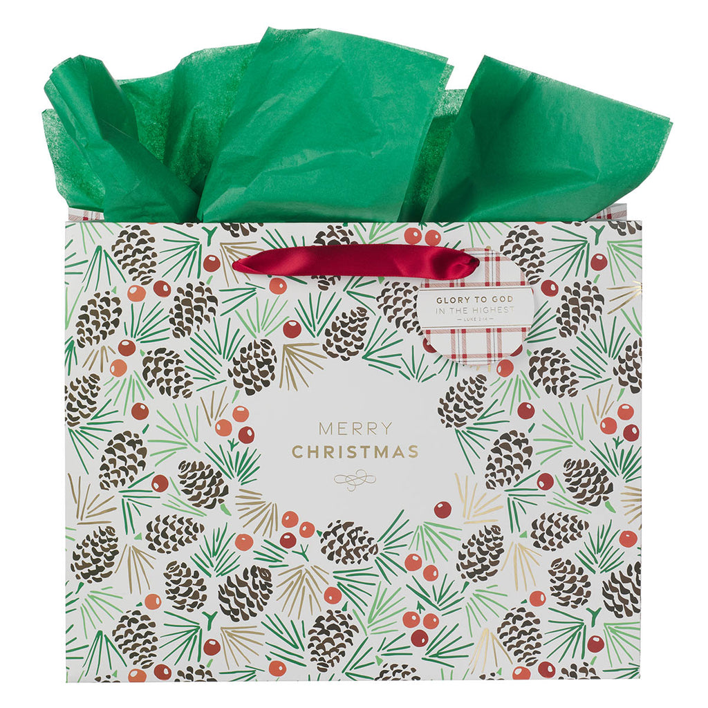 Gift Bag Lg Landscape Merry Christmas Plaid Luke 2:14