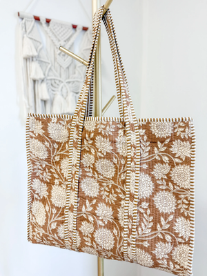 Color Block Floral Quilt Tote Bag