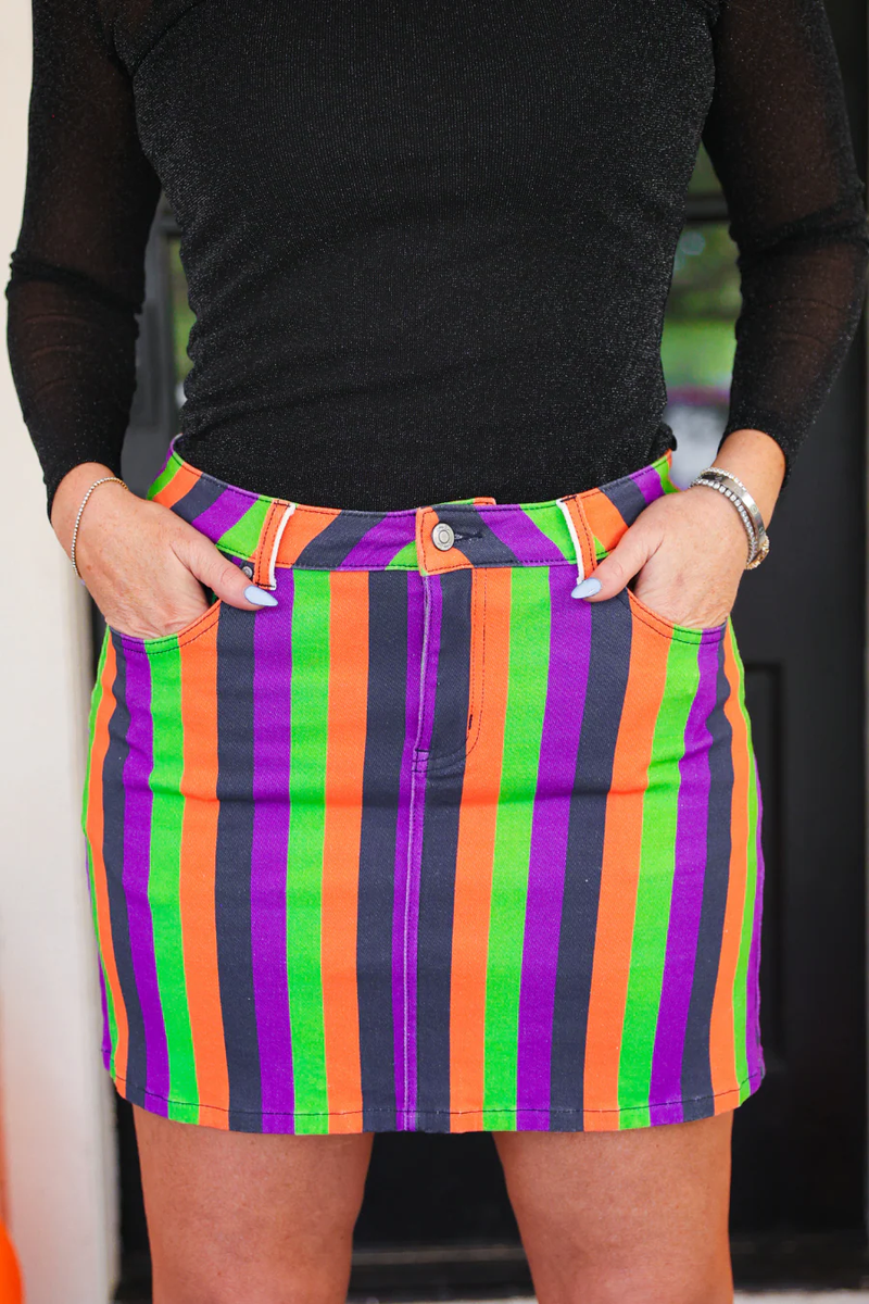 PREORDER-Spooky Nova Striped Denim Skirt