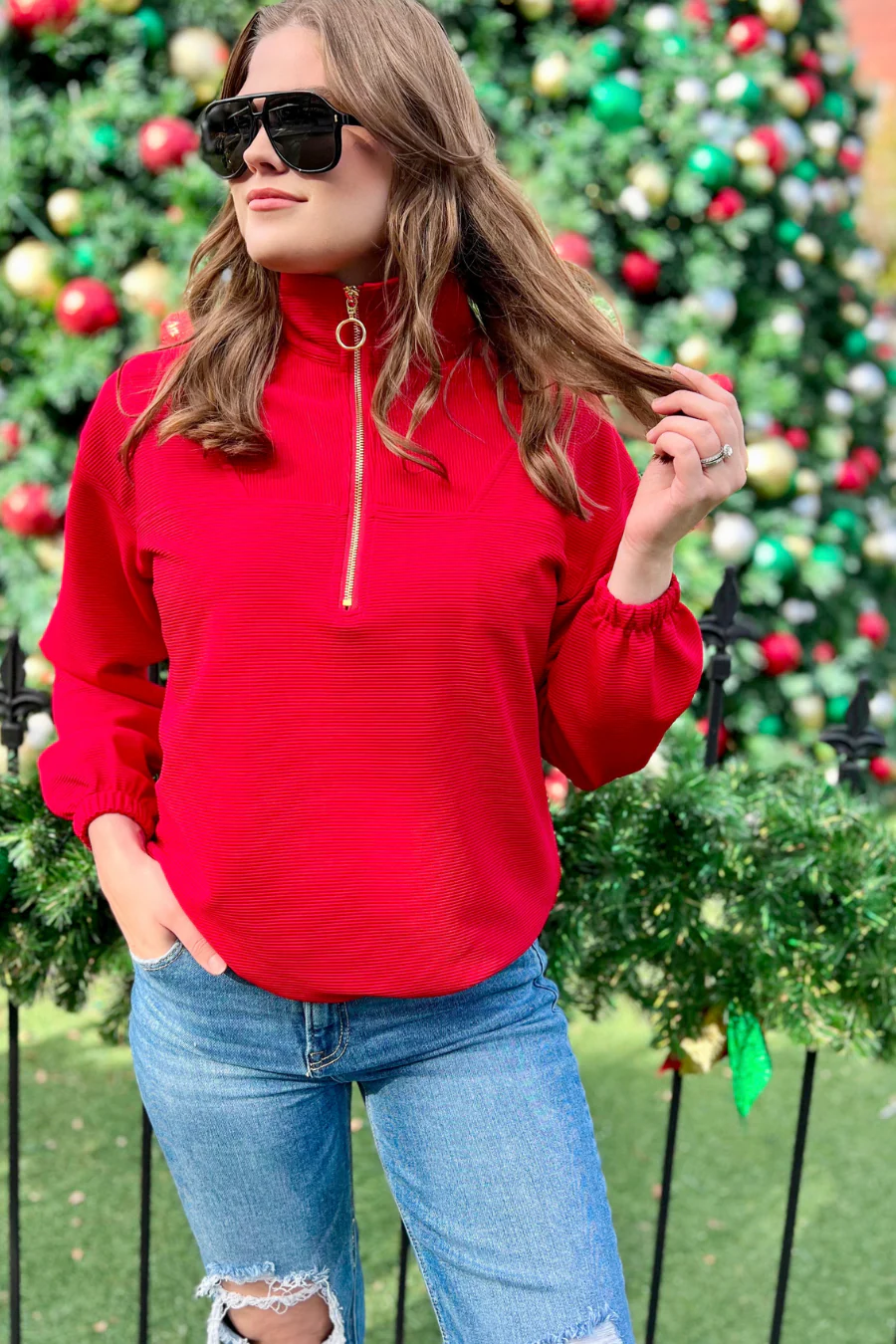 Jess Lea - Levi Red Ribbed Quarter Zip Pullover
